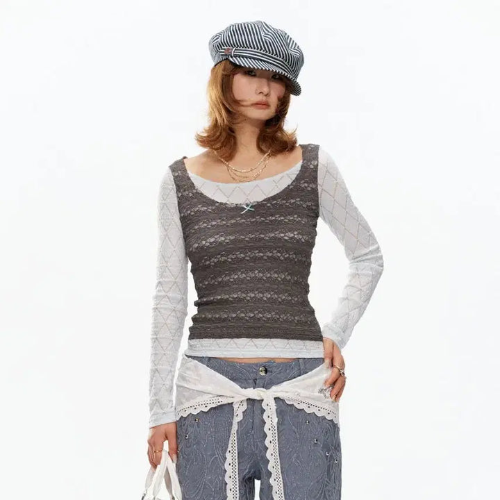 [BUNJANG] YOSHUYUKI Fake Two-Piece Lace Layered Top / YOSHUYUKI 요슈유키 페이크 투피스 레이스 레이어드 탑