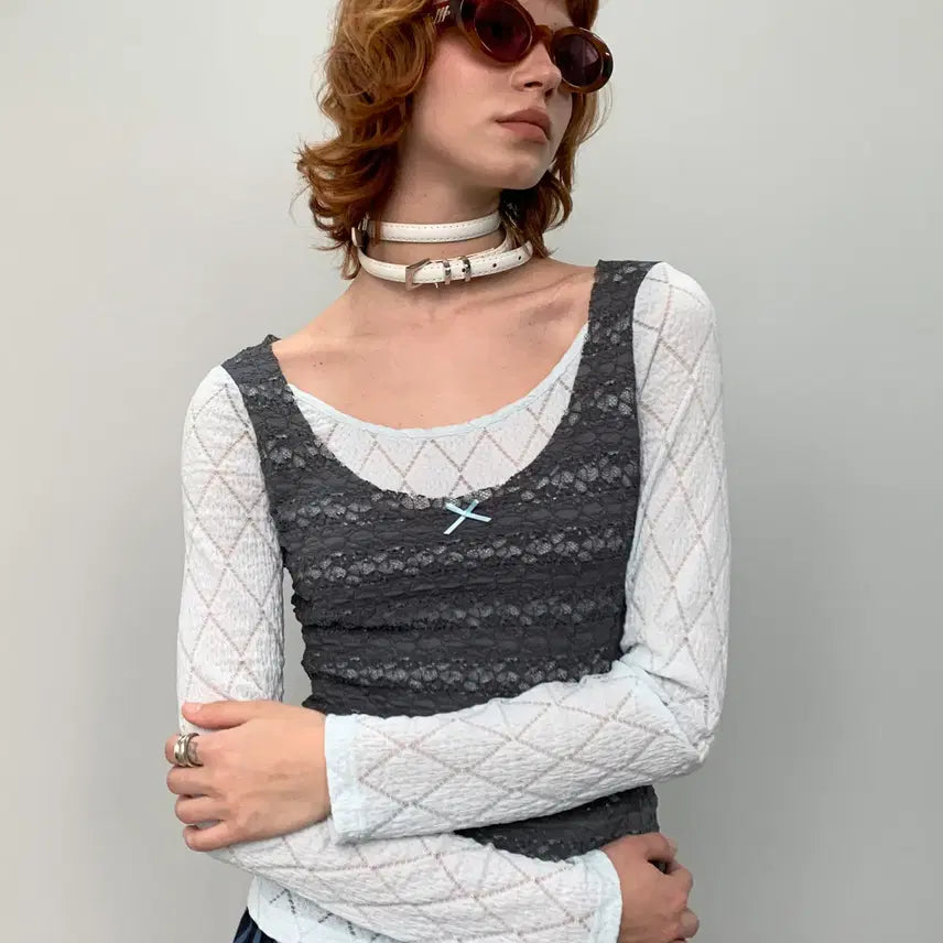 [BUNJANG] YOSHUYUKI Fake Two-Piece Lace Layered Top / YOSHUYUKI 요슈유키 페이크 투피스 레이스 레이어드 탑