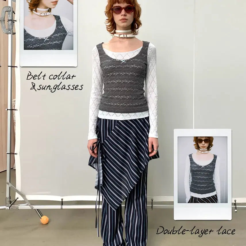 [BUNJANG] YOSHUYUKI Fake Two-Piece Lace Layered Top / YOSHUYUKI 요슈유키 페이크 투피스 레이스 레이어드 탑