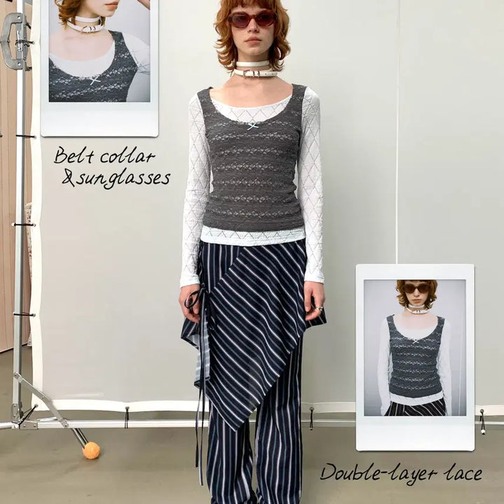 [BUNJANG] YOSHUYUKI Fake Two-Piece Lace Layered Top / YOSHUYUKI 요슈유키 페이크 투피스 레이스 레이어드 탑