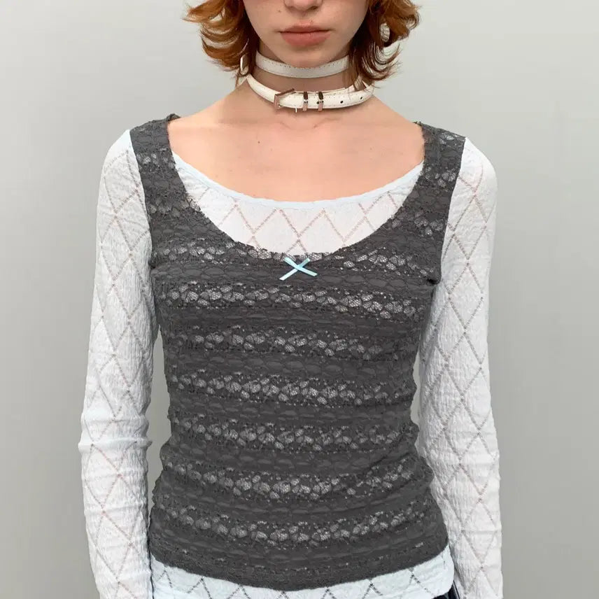 [BUNJANG] YOSHUYUKI Fake Two-Piece Lace Layered Top / YOSHUYUKI 요슈유키 페이크 투피스 레이스 레이어드 탑