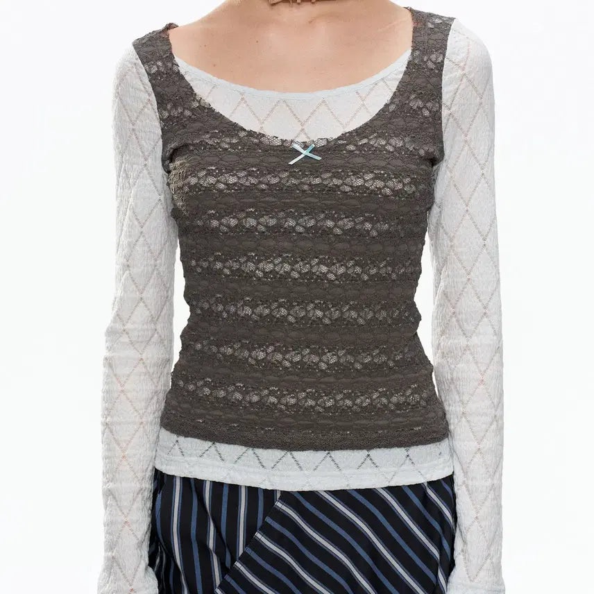 [BUNJANG] YOSHUYUKI Fake Two-Piece Lace Layered Top / YOSHUYUKI 요슈유키 페이크 투피스 레이스 레이어드 탑