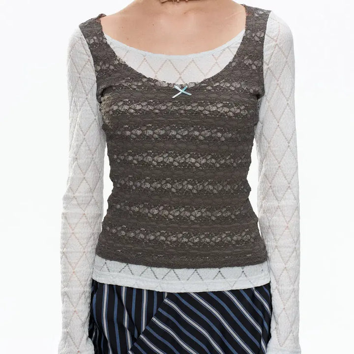 [BUNJANG] YOSHUYUKI Fake Two-Piece Lace Layered Top / YOSHUYUKI 요슈유키 페이크 투피스 레이스 레이어드 탑
