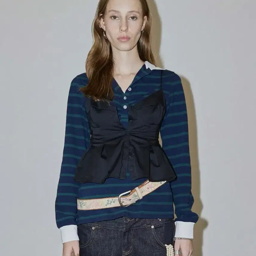 [BUNJANG] 스컬프터 Shirring Tennis Shirt Navy/Green / 스컬프터 Shirring Tennis Shirt Navy/Green