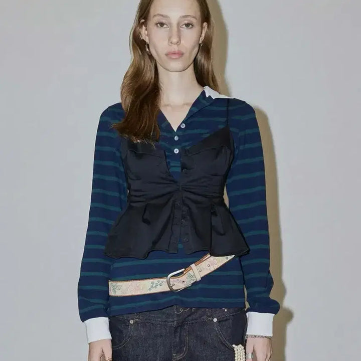 [BUNJANG] 스컬프터 Shirring Tennis Shirt Navy/Green / 스컬프터 Shirring Tennis Shirt Navy/Green