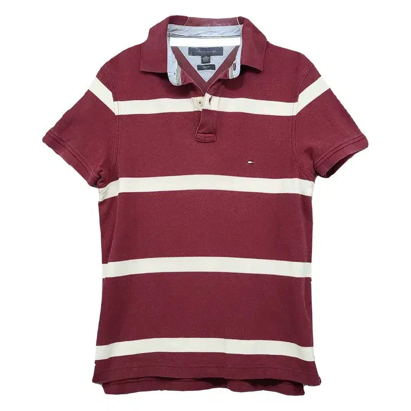 [BUNJANG] Tommy Hilfiger Striped Burgundy Polo Shirt / 타미힐피거 스트라이프 버건디 반팔 카라티 S/P