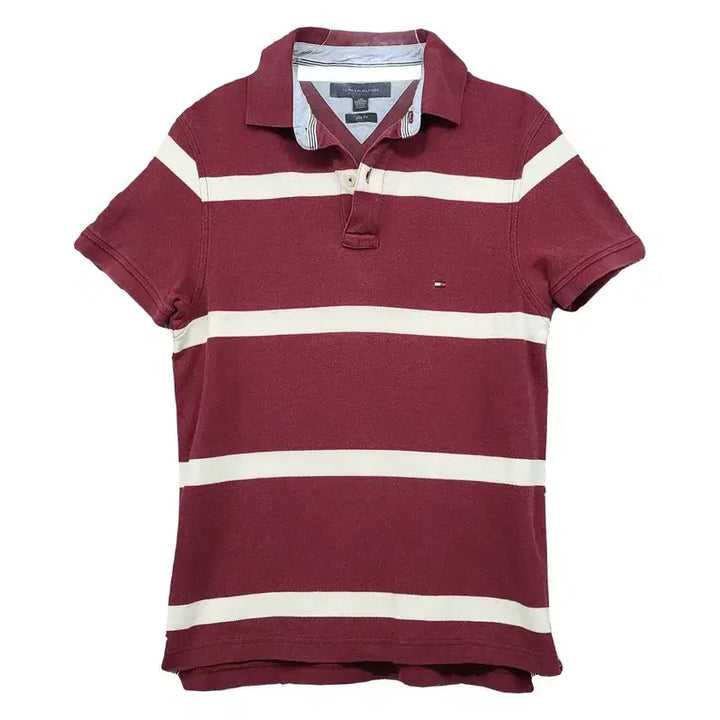 [BUNJANG] Tommy Hilfiger Striped Burgundy Polo Shirt / 타미힐피거 스트라이프 버건디 반팔 카라티 S/P