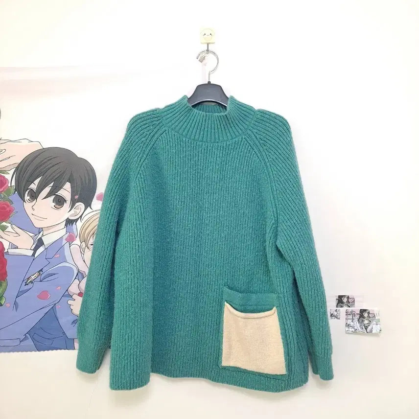 [BUNJANG] Vintage Mori Girl Mint Pocket Knit Sweater / 빈티지 모리걸 하구미 히피 민트 목티 니트 스웨터