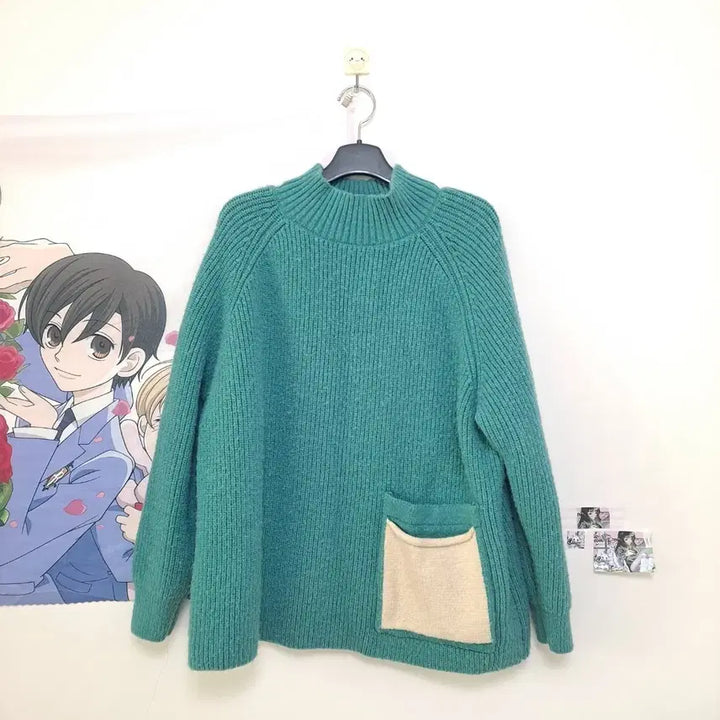 [BUNJANG] Vintage Mori Girl Mint Pocket Knit Sweater / 빈티지 모리걸 하구미 히피 민트 목티 니트 스웨터