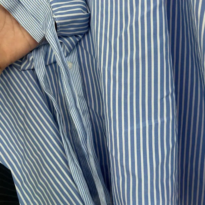 [BUNJANG] Blue Striped Blouse with Tie Sleeves / 블루 스트라이프 셔츠 블라우스 끈소매