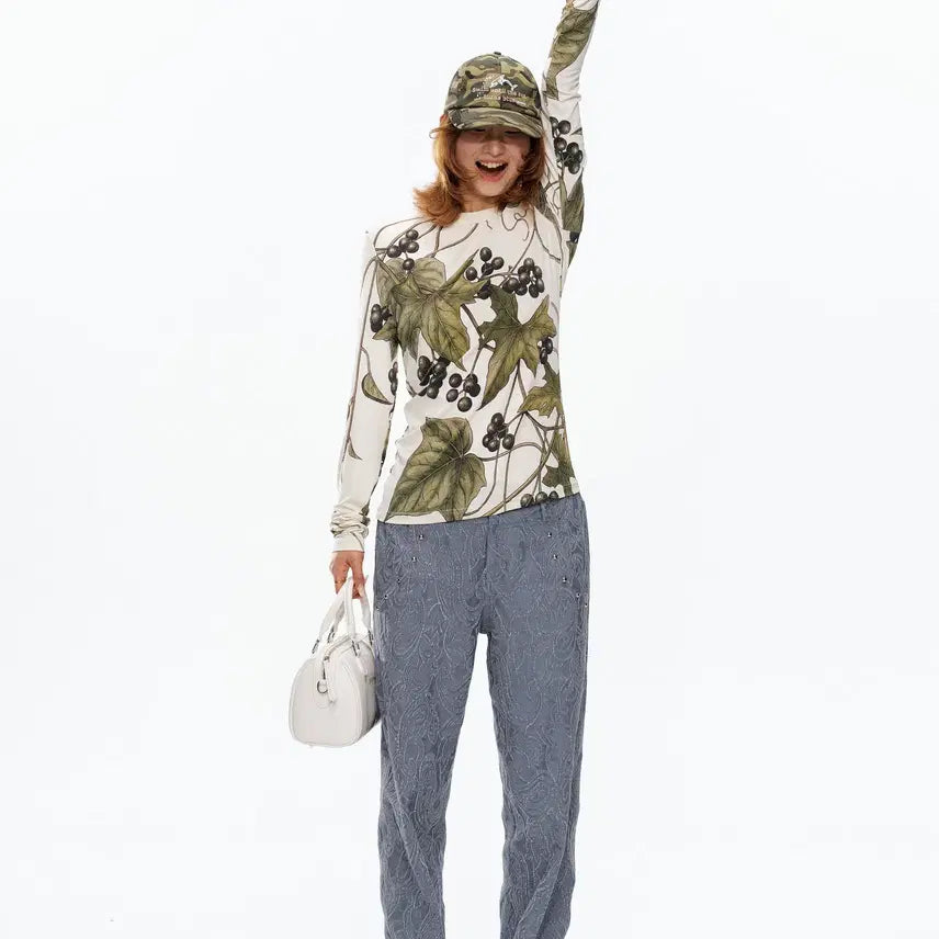 [BUNJANG] YOSHUYUKI Grape Print Crew Neck Long Sleeve Tee / YOSHUYUKI 요슈유키 포도 프린트 크루넥 롱슬리브 티