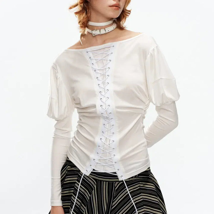 [BUNJANG] YOSHUYUKI Retro Lace-up Puff Long Sleeve Top / YOSHUYUKI 요슈유키 레트로 레이스업 퍼프 롱슬리브 탑