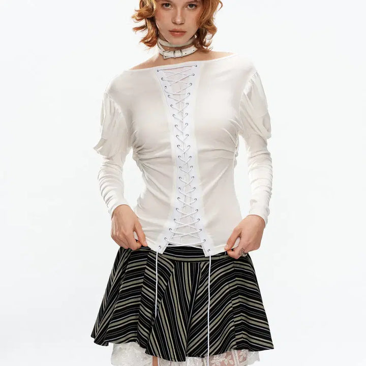 [BUNJANG] YOSHUYUKI Retro Lace-up Puff Long Sleeve Top / YOSHUYUKI 요슈유키 레트로 레이스업 퍼프 롱슬리브 탑
