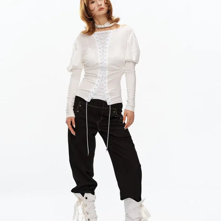 [BUNJANG] YOSHUYUKI Retro Lace-up Puff Long Sleeve Top / YOSHUYUKI 요슈유키 레트로 레이스업 퍼프 롱슬리브 탑