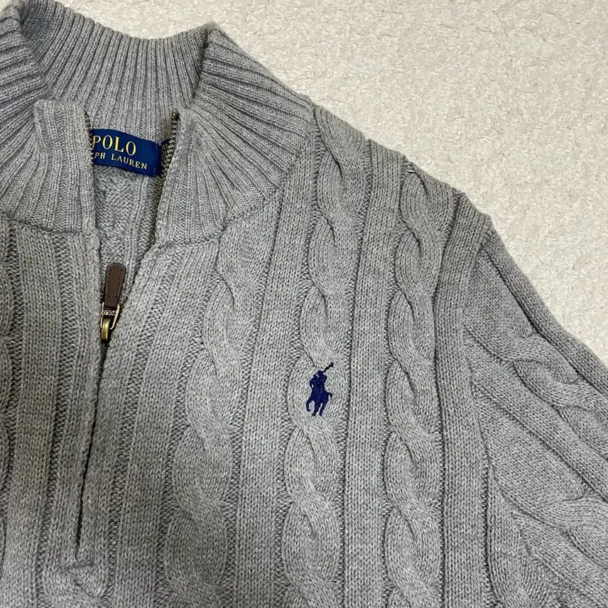 [BUNJANG] Polo Ralph Lauren Cable Knit Half-Zip Sweater Gray L / 폴로 랄프로렌 반집업 케이블 니트 회색 L