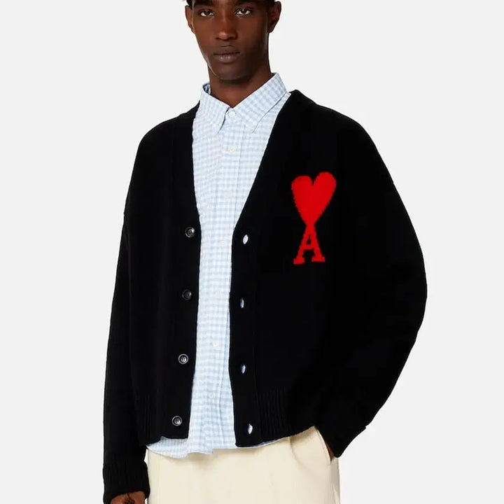 [BUNJANG] AMI Big Heart Logo Oversized Intarsia Cardigan / 아미 빅 하트 로고 오버사이즈 인타르시아 가디건 블랙