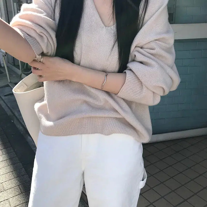 [BUNJANG] Archive J2U Deep V-Neck Pullover Knit / 아카이브제이투유 딥 브이넥 풀오버 니트 핑크베이지