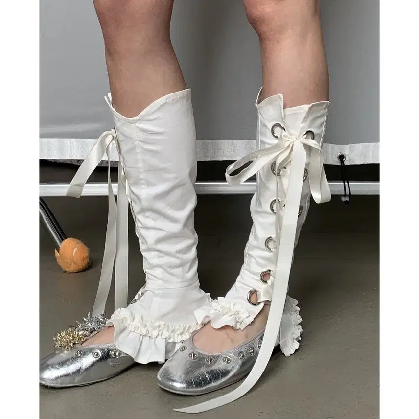 [BUNJANG] YOSHUYUKI Romantic White Lace Ribbon Leg Warmers / YOSHUYUKI 요슈유키 로맨틱 화이트 레이스 리본 레그 워머