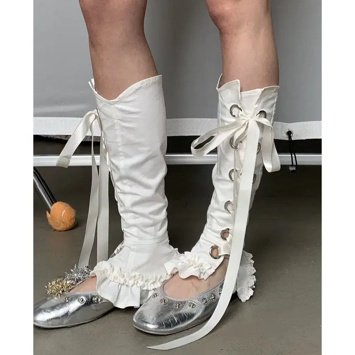 [BUNJANG] YOSHUYUKI Romantic White Lace Ribbon Leg Warmers / YOSHUYUKI 요슈유키 로맨틱 화이트 레이스 리본 레그 워머
