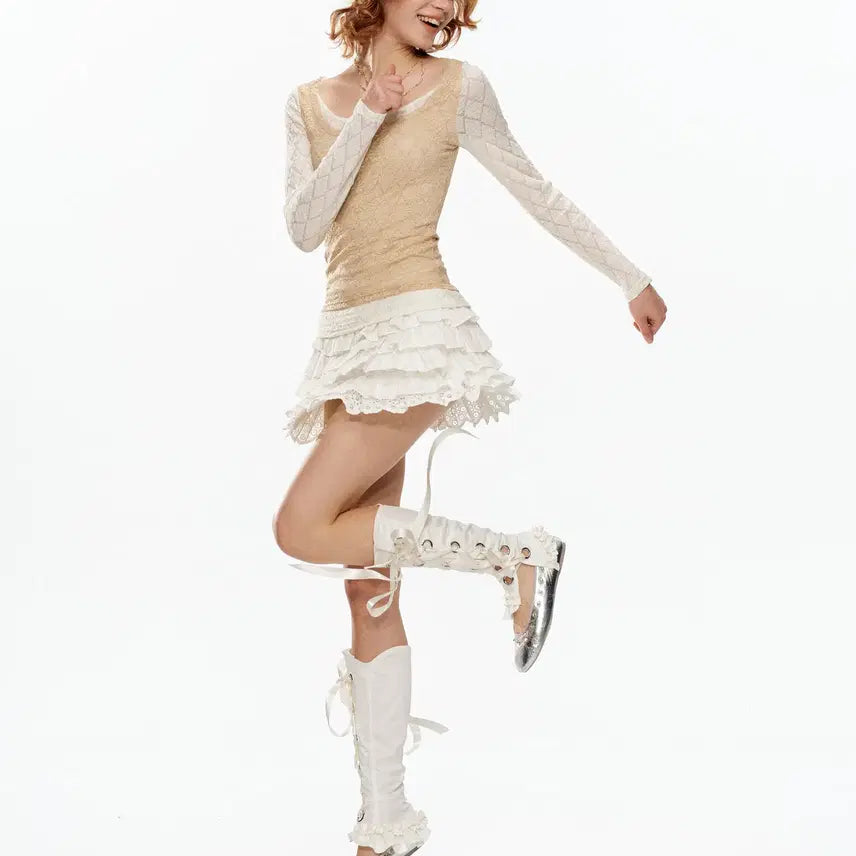 [BUNJANG] YOSHUYUKI Romantic White Lace Ribbon Leg Warmers / YOSHUYUKI 요슈유키 로맨틱 화이트 레이스 리본 레그 워머