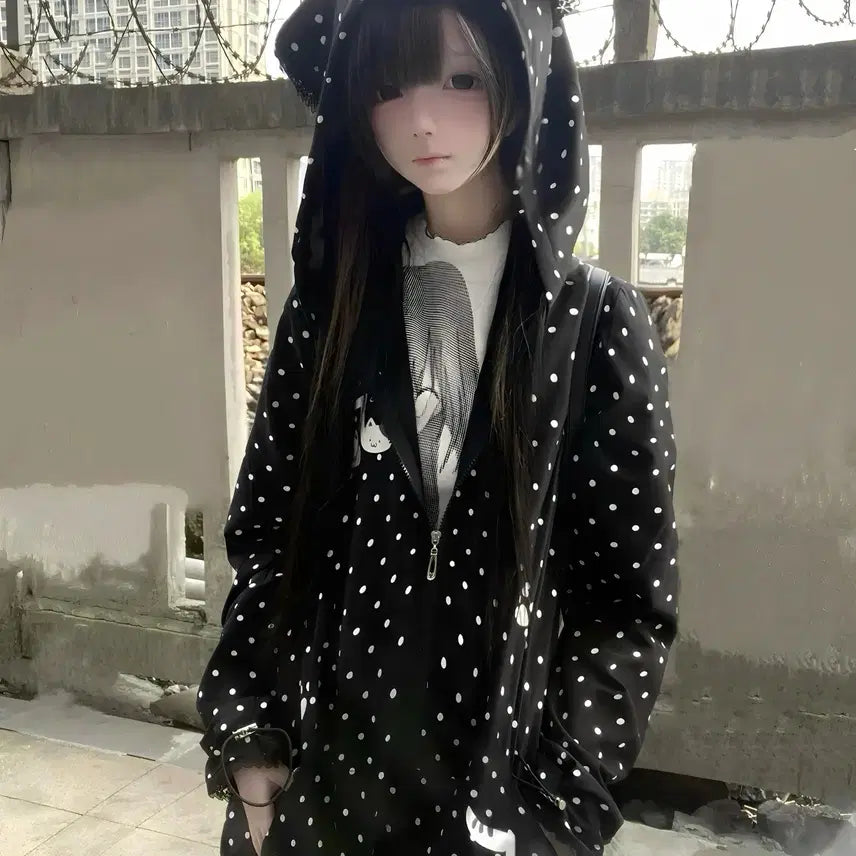 [BUNJANG] Dot Subculture Cat Ear Windbreaker / 도트 서브컬처 고양이귀 바람막이