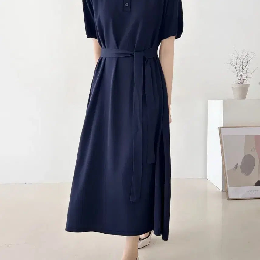 [BUNJANG] Viscose Short Sleeve Loose Fit Long Dress with Belt (Maternity &amp; Plus Size Available) / 새상품 비스코스 허리끈 카라 반팔 루즈핏 롱 원피스 임부복 빅사이즈 가능
