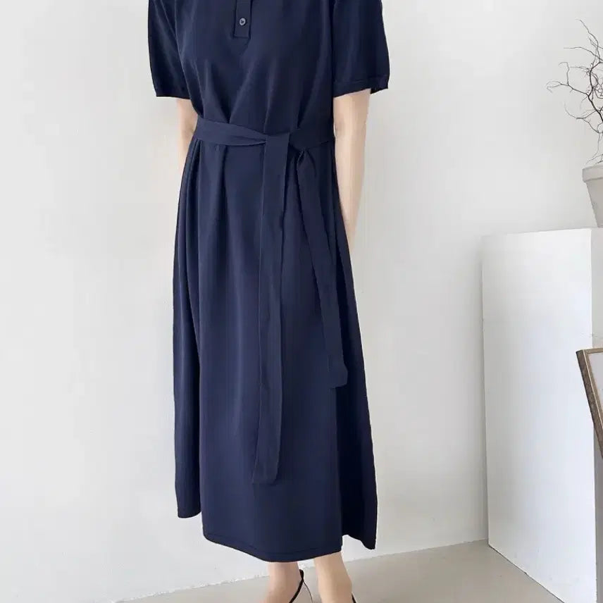 [BUNJANG] Viscose Short Sleeve Loose Fit Long Dress with Belt (Maternity &amp; Plus Size Available) / 새상품 비스코스 허리끈 카라 반팔 루즈핏 롱 원피스 임부복 빅사이즈 가능