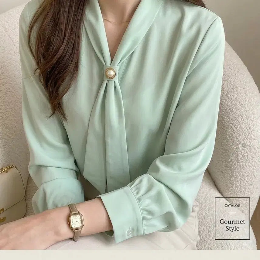 [BUNJANG] Mint Pearl Brooch Ribbon Blouse / 민트 진주 브로치 리본 블라우스 가단46