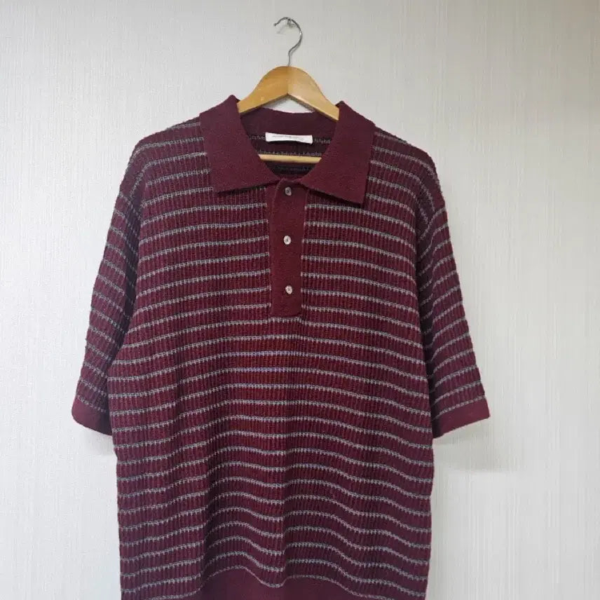 [BUNJANG] Intempo Mood Honeybee Stripe Collar Knitwear - Wine (L) / 인템포무드 허니비 스트라이프 칼라 니트웨어_와인 L