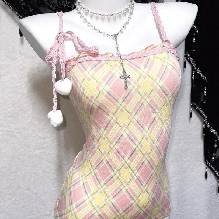 [BUNJANG] Liz Lisa Check Frill Lace Pom-Pom Sleeveless Top / 리즈리사 체크 프릴레이스 폼폼 슬리브리스 나시 히메갸루 라떼 핀터 팝걀