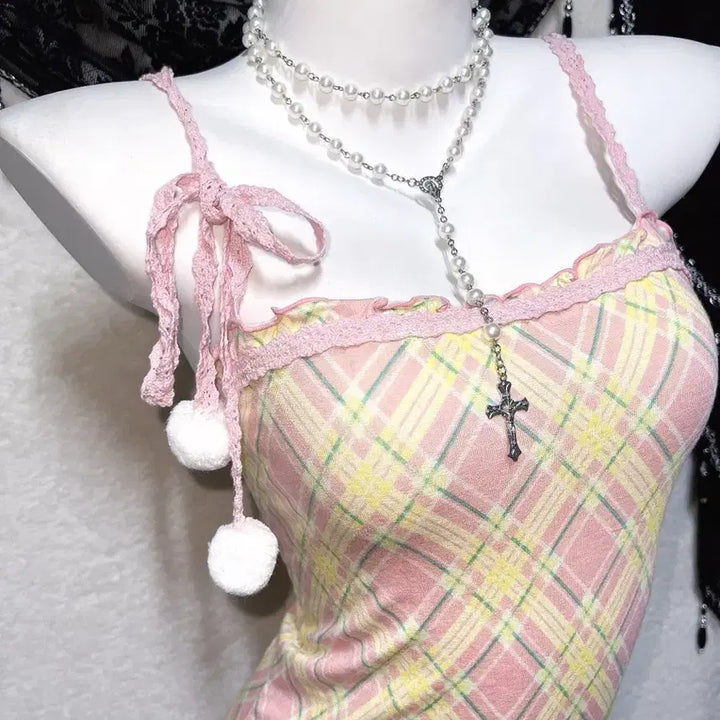 [BUNJANG] Liz Lisa Check Frill Lace Pom-Pom Sleeveless Top / 리즈리사 체크 프릴레이스 폼폼 슬리브리스 나시 히메갸루 라떼 핀터 팝걀