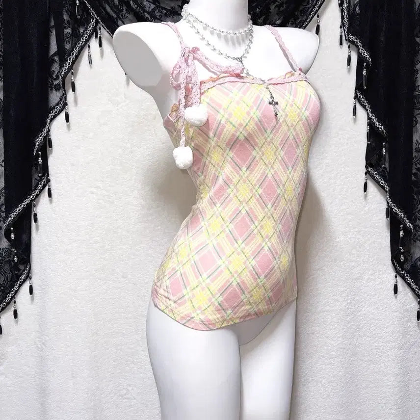 [BUNJANG] Liz Lisa Check Frill Lace Pom-Pom Sleeveless Top / 리즈리사 체크 프릴레이스 폼폼 슬리브리스 나시 히메갸루 라떼 핀터 팝걀