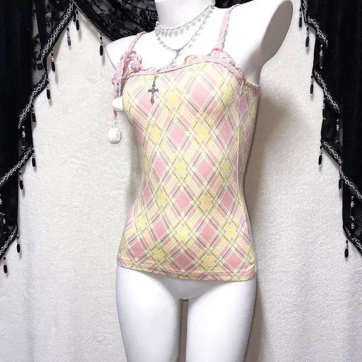 [BUNJANG] Liz Lisa Check Frill Lace Pom-Pom Sleeveless Top / 리즈리사 체크 프릴레이스 폼폼 슬리브리스 나시 히메갸루 라떼 핀터 팝걀