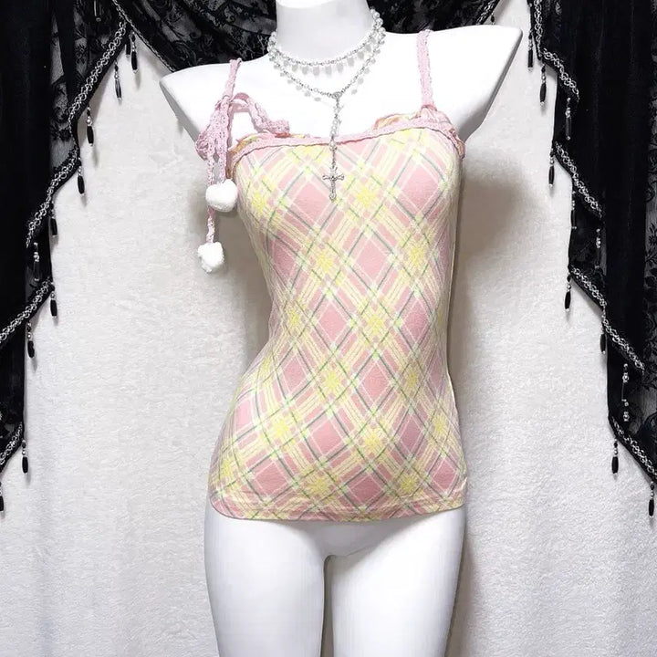[BUNJANG] Liz Lisa Check Frill Lace Pom-Pom Sleeveless Top / 리즈리사 체크 프릴레이스 폼폼 슬리브리스 나시 히메갸루 라떼 핀터 팝걀