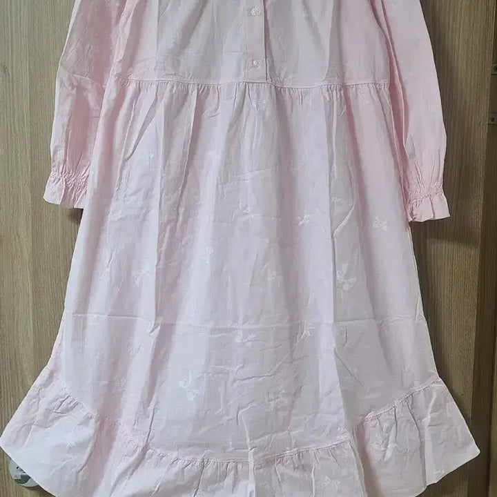 [BUNJANG] Pink Ribbon Lace Long Dress Pajama / 핑크  리본패턴 레이스 장식 롱 원피스 잠옷 파자마