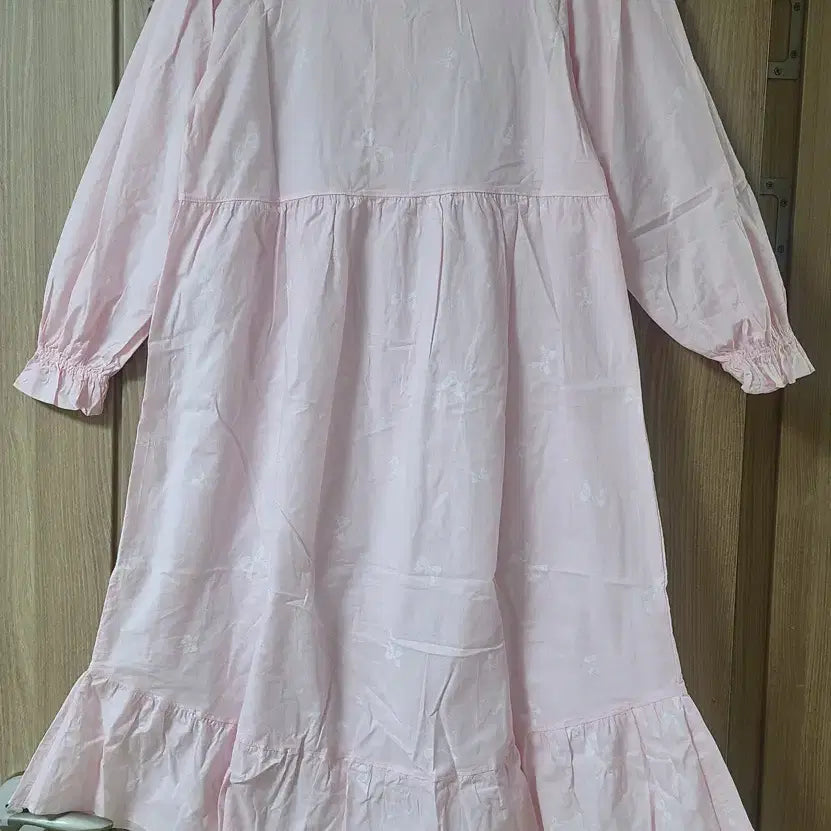 [BUNJANG] Pink Ribbon Lace Long Dress Pajama / 핑크  리본패턴 레이스 장식 롱 원피스 잠옷 파자마