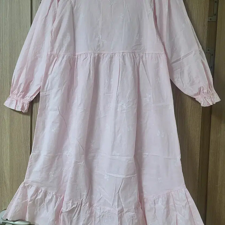 [BUNJANG] Pink Ribbon Lace Long Dress Pajama / 핑크  리본패턴 레이스 장식 롱 원피스 잠옷 파자마