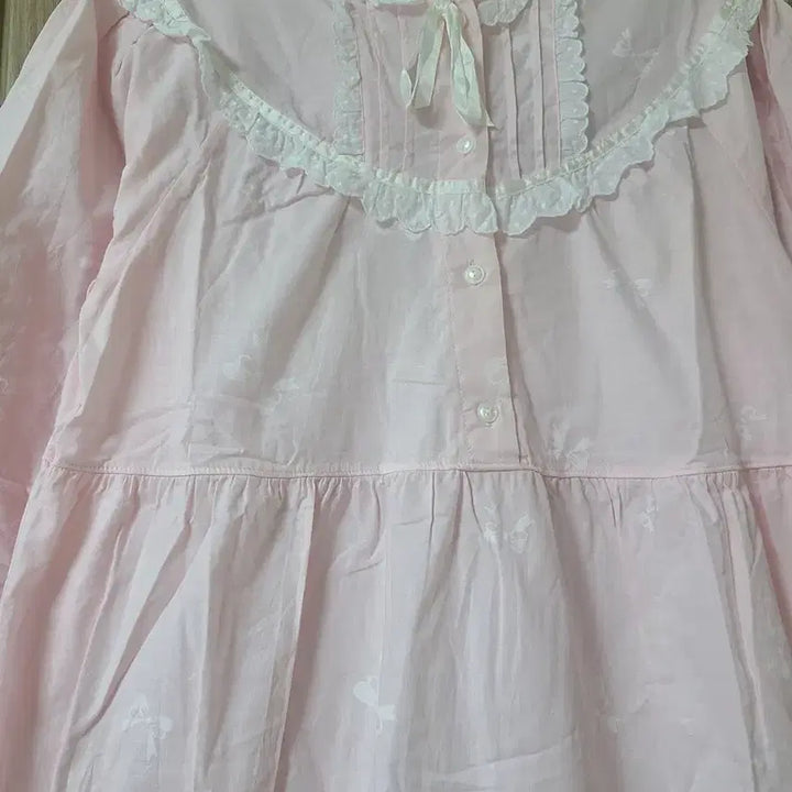 [BUNJANG] Pink Ribbon Lace Long Dress Pajama / 핑크  리본패턴 레이스 장식 롱 원피스 잠옷 파자마
