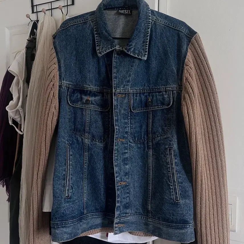 [BUNJANG] Diesel Knit &amp; Denim Trucker Jacket Blue Brown / 디젤 니트 앤 데님 트러커 자켓 블루 브라운