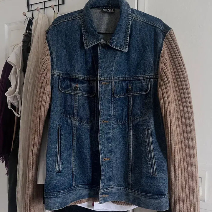 [BUNJANG] Diesel Knit &amp; Denim Trucker Jacket Blue Brown / 디젤 니트 앤 데님 트러커 자켓 블루 브라운