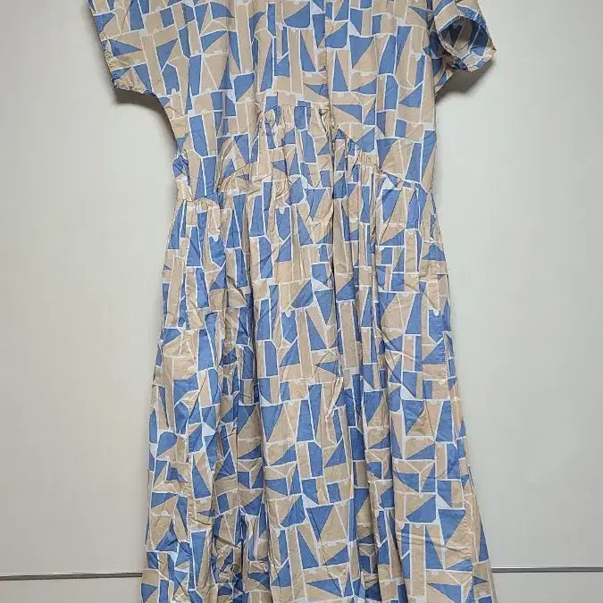 [BUNJANG] Maternity Geometric Pattern Long Sleeve Dress / 임부복, 임산부 패턴 반팔 롱 원피스 블루/베이지
