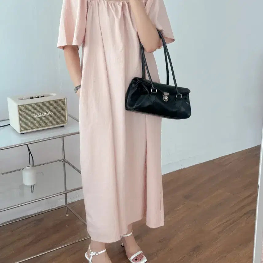 [BUNJANG] Loose Fit Square Neck Long Dress / 새상품 바스락 스퀘어넥 날개 반팔 루즈핏 롱 원피스 임부복 빅사이즈 가능