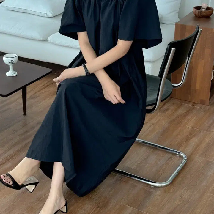 [BUNJANG] Loose Fit Square Neck Long Dress / 새상품 바스락 스퀘어넥 날개 반팔 루즈핏 롱 원피스 임부복 빅사이즈 가능