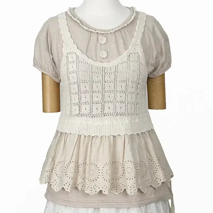 [BUNJANG] Vintage Punch Needle Lace Knit Tank Top - Light Beige / 일본빈티지 뜨개펀칭자수레이스니트나시라이트베이지 모리걸하구미룩갸루y2k히피