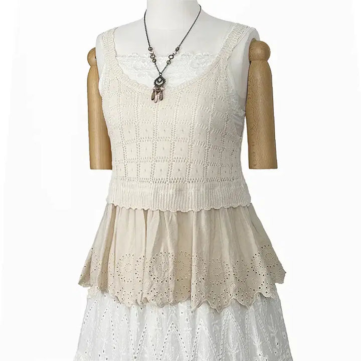 [BUNJANG] Vintage Punch Needle Lace Knit Tank Top - Light Beige / 일본빈티지 뜨개펀칭자수레이스니트나시라이트베이지 모리걸하구미룩갸루y2k히피