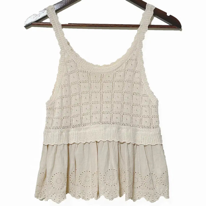 [BUNJANG] Vintage Punch Needle Lace Knit Tank Top - Light Beige / 일본빈티지 뜨개펀칭자수레이스니트나시라이트베이지 모리걸하구미룩갸루y2k히피