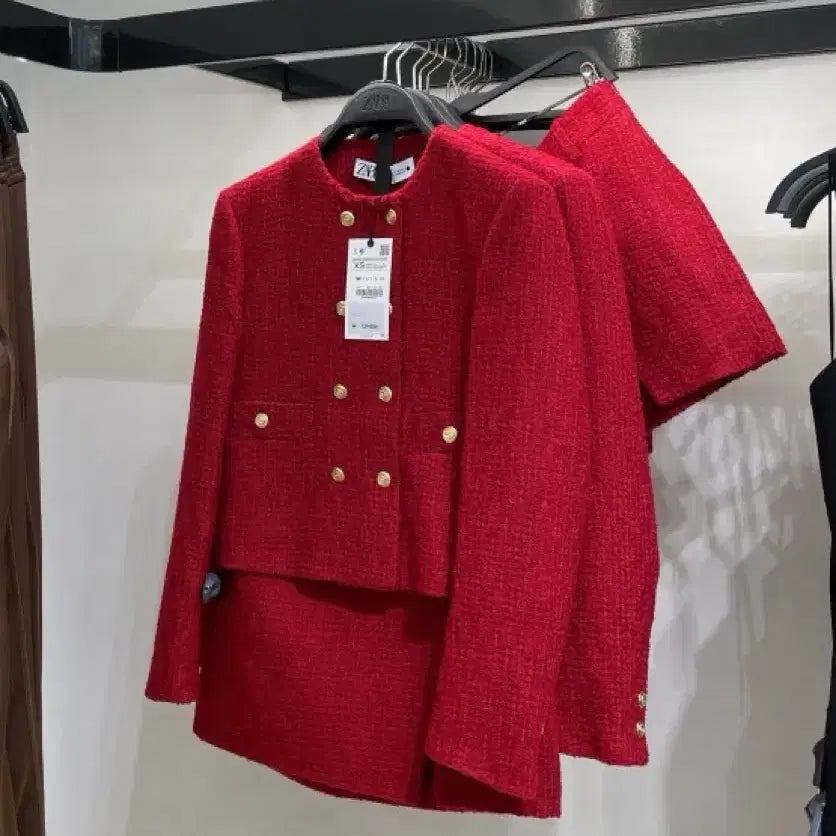 [BUNJANG] Zara Red Tweed Set (Jacket + Skirt) / 자라 레드 트위드 셋업 (자켓+스커트)