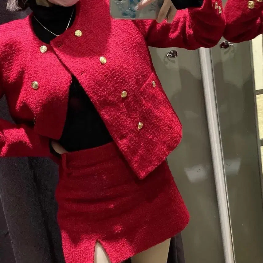 [BUNJANG] Zara Red Tweed Set (Jacket + Skirt) / 자라 레드 트위드 셋업 (자켓+스커트)
