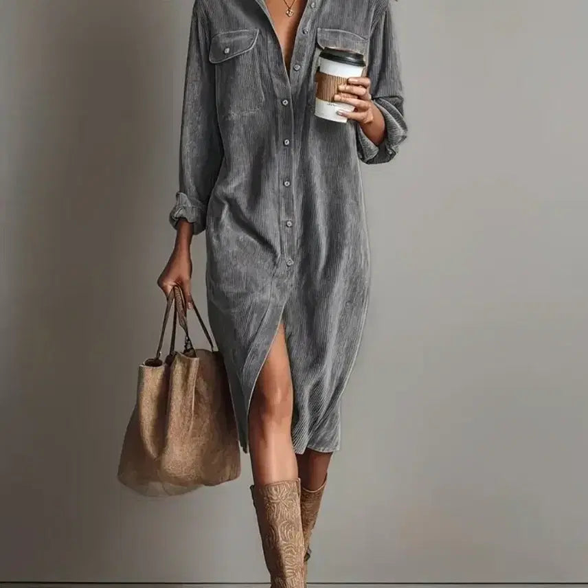 [BUNJANG] Grey Corduroy Shirt Dress / 그레이 코듀로이 셔츠 원피스