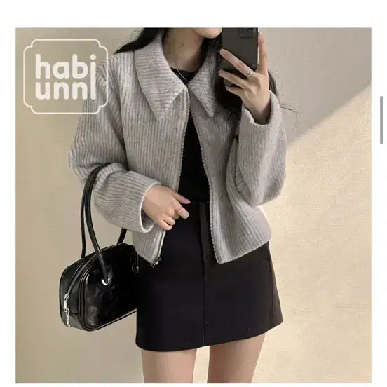 [BUNJANG] Hobbyunni 9725 Mohair Blend Cropped Zip-Up Short Jacket / 하비언니 9725 [울50%]모헤어 크롭 집업 숏자켓ct